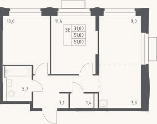 Планировка: 3-к, 51 м²