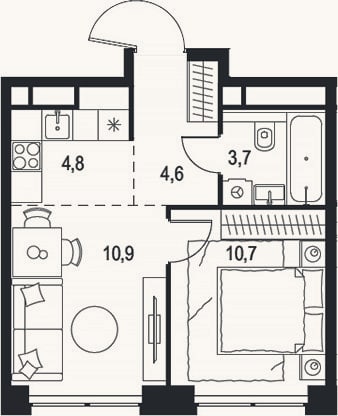 Планировка: 2-к, 34,7 м²