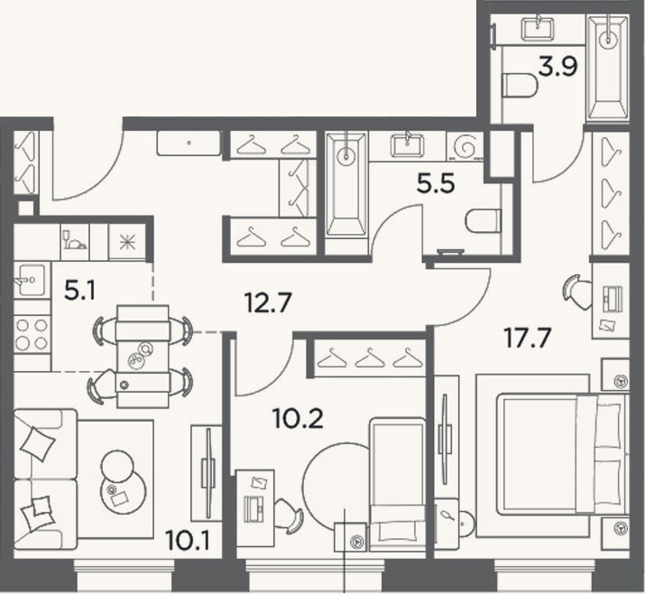 Планировка: 3-к, 65,2 м²