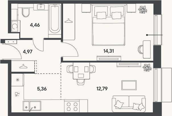 Планировка: 2-к, 41,9 м²