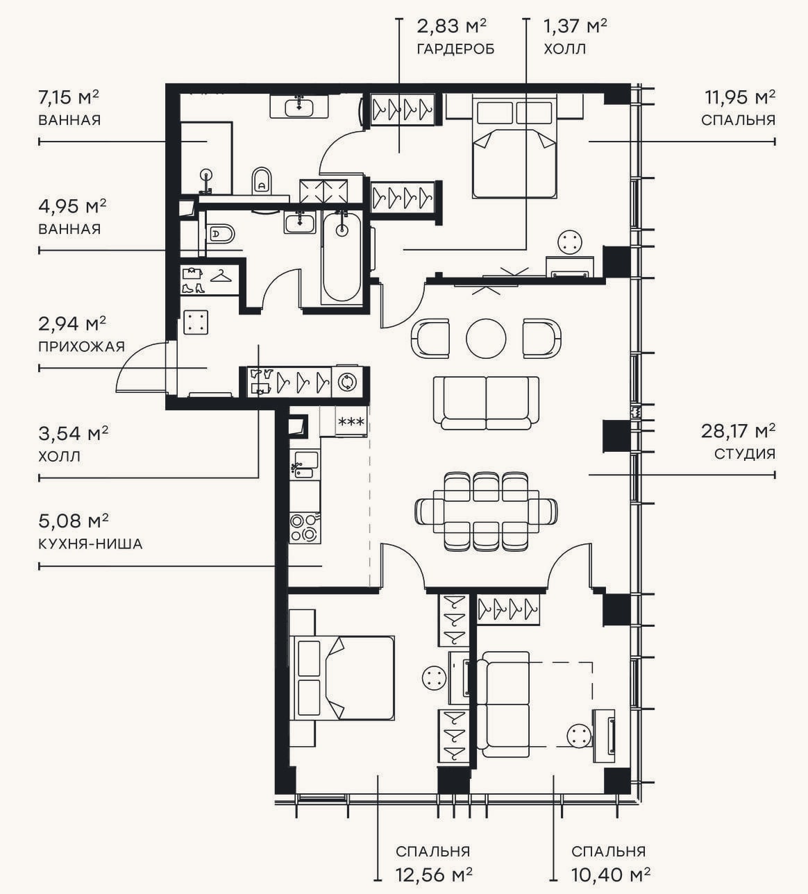 Планировка: 4+ к, 90,9 м²