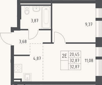 Планировка: 2-к, 32,9 м²