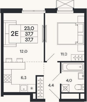 Планировка: 2-к, 37,7 м²
