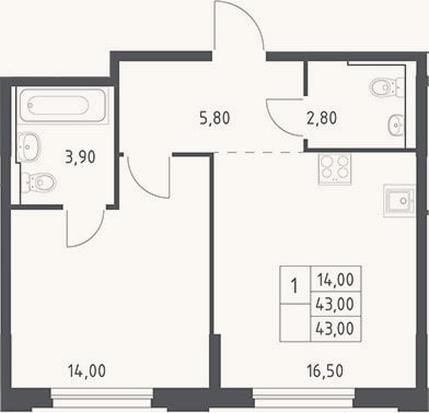 Планировка: 2-к, 43 м²