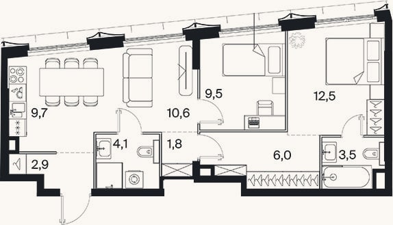 Планировка: 3-к, 61,5 м²