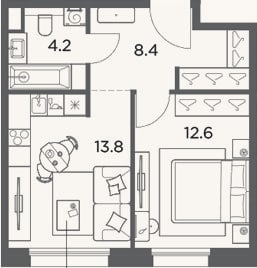 Планировка: 1-к, 39 м²