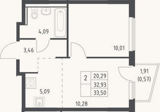 Планировка: 2-к, 32,9 м²