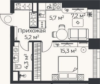 Планировка: 2-к, 37,8 м²