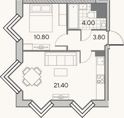 Планировка: 2-к, 40 м²