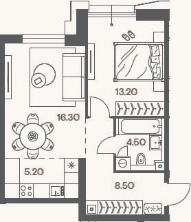 Планировка: 2-к, 47,7 м²