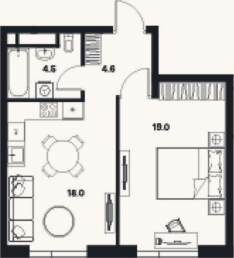 Планировка: 2-к, 46,1 м²