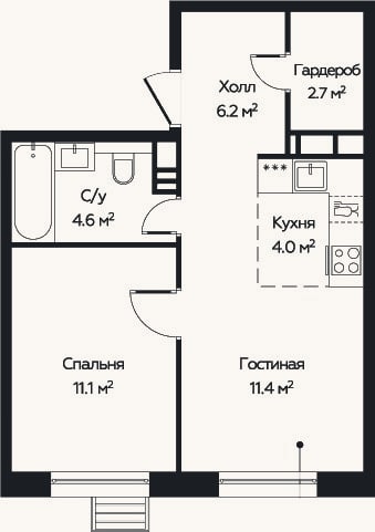 Планировка: 2-к, 38,5 м²