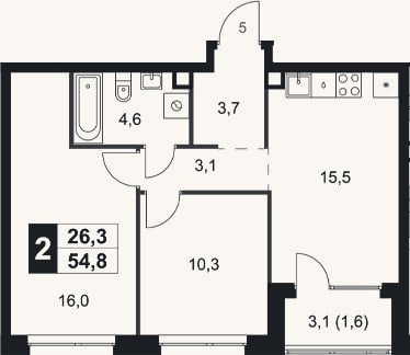 Планировка: 2-к, 53,2 м²