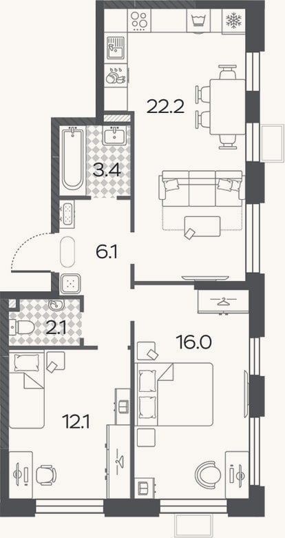 Планировка: 3-к, 61,9 м²