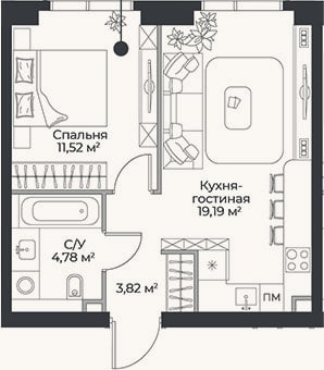 Планировка: 2-к, 39,3 м²