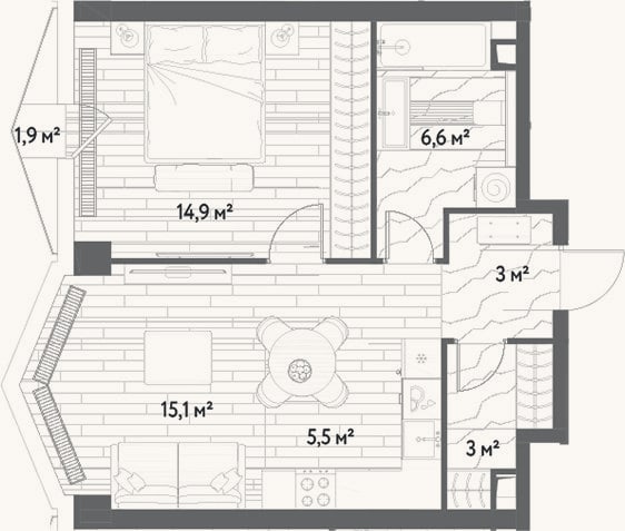 Планировка: 2-к, 48,1 м²