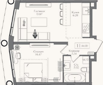 Планировка: 2-к, 44,1 м²