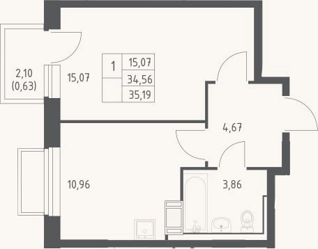 Планировка: 1-к, 34,6 м²