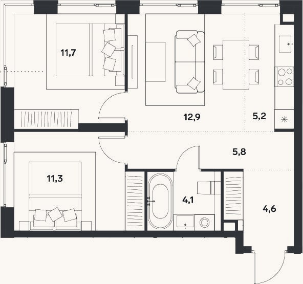 Планировка: 3-к, 55,6 м²