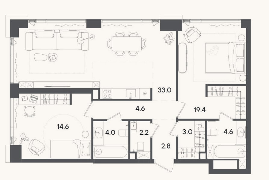 Планировка: 3-к, 88,2 м²