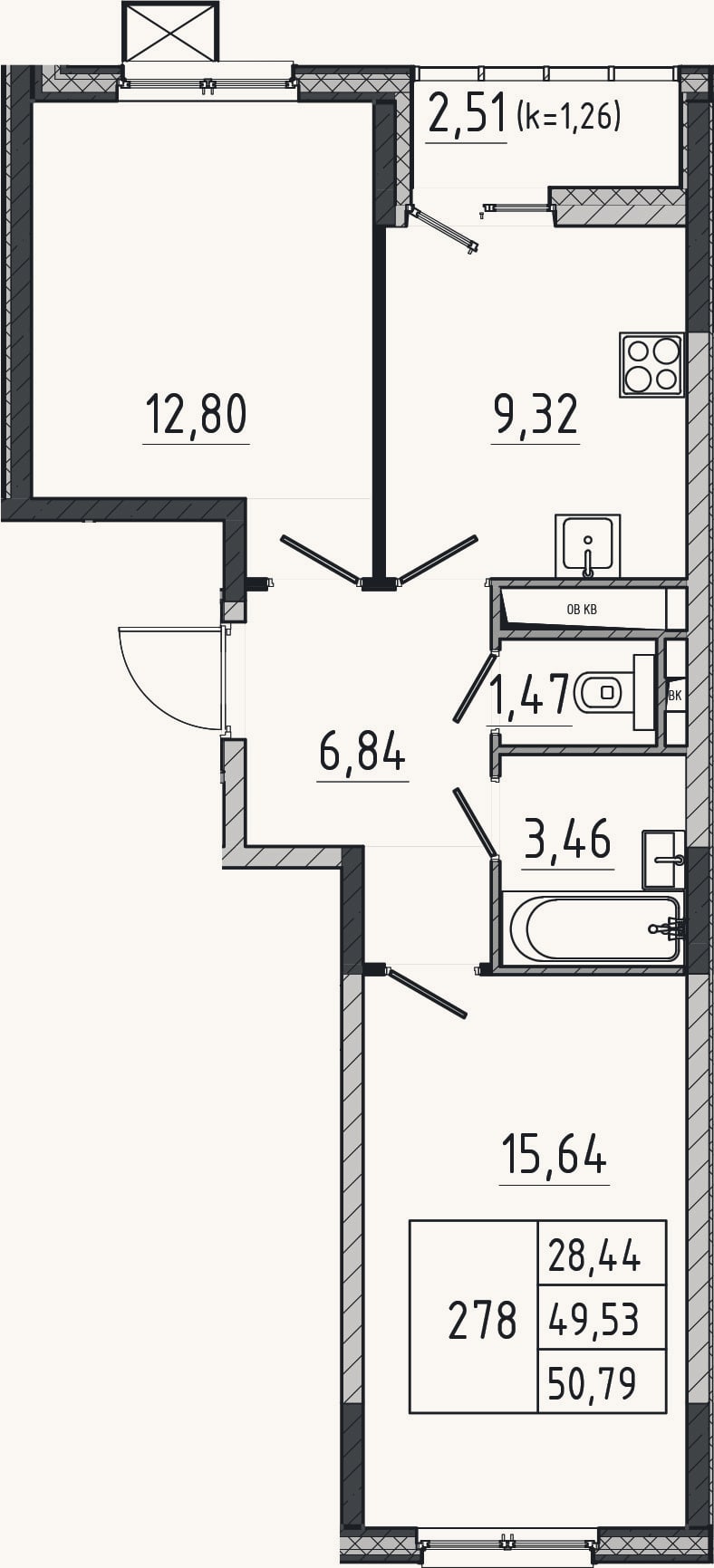 Планировка: 2-к, 49,5 м²