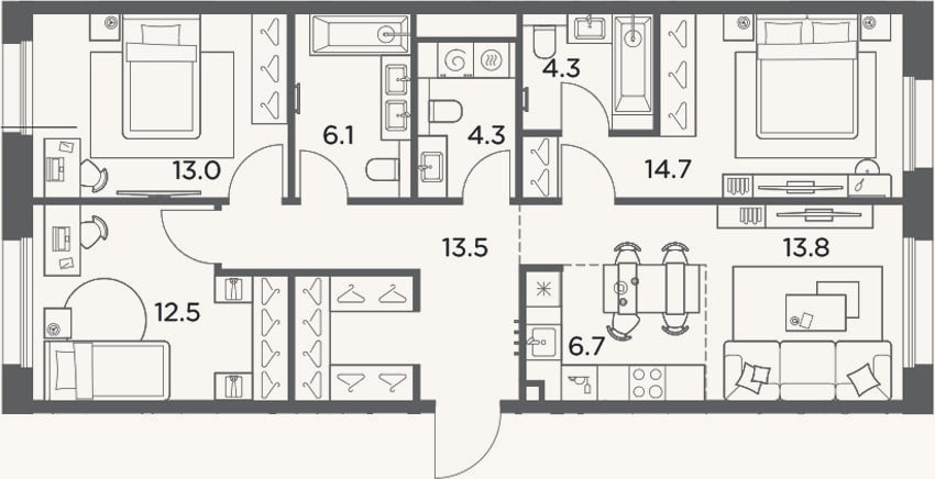 Планировка: 4+ к, 88,9 м²