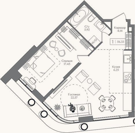 Планировка: 2-к, 56,3 м²