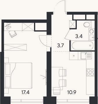 Планировка: 1-к, 35,4 м²