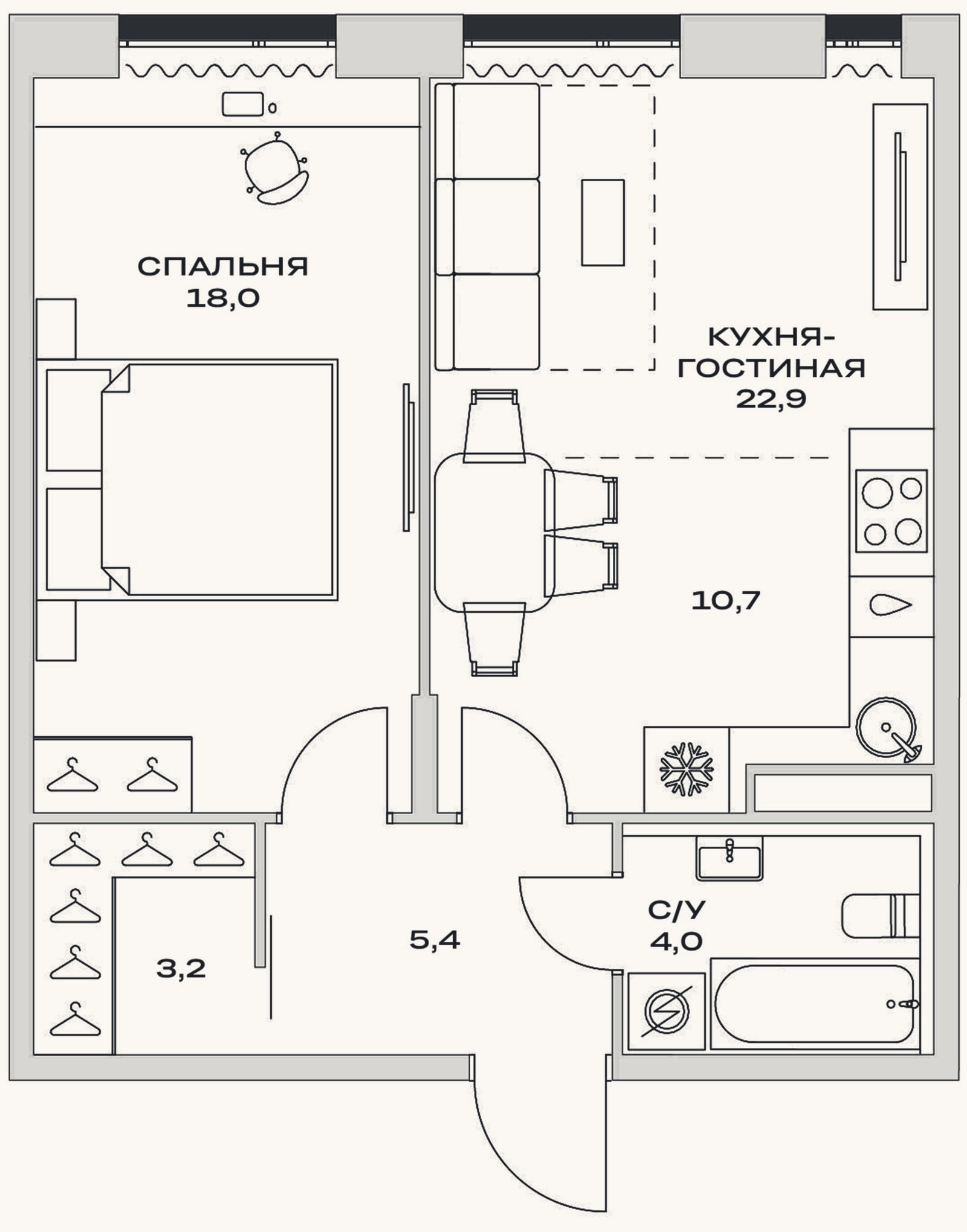 Планировка: 2-к, 53,5 м²