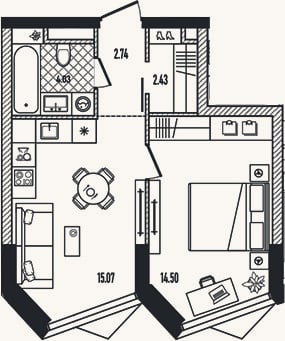 Планировка: 2-к, 38,8 м²