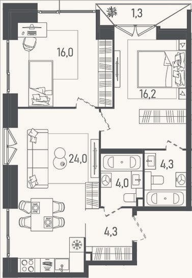 Планировка: 3-к, 68,8 м²