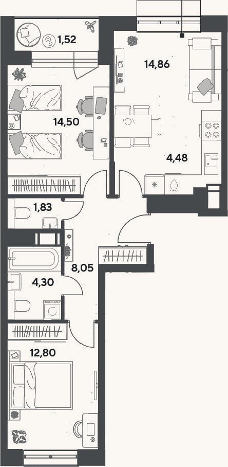 Планировка: 3-к, 60,8 м²