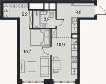 Планировка: 1-к, 45,5 м²