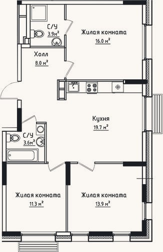 Планировка: 3-к, 76,4 м²