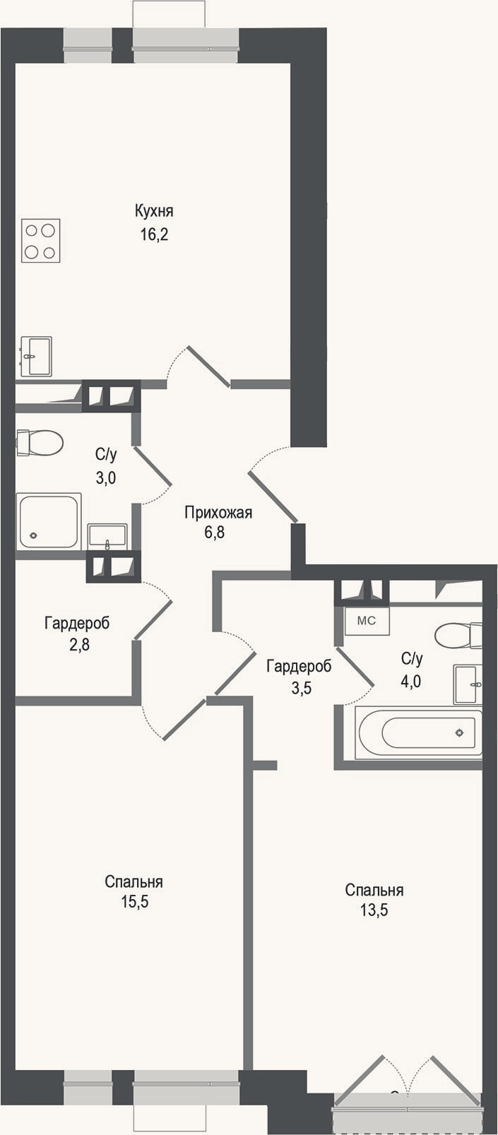 Планировка: 2-к, 65,3 м²