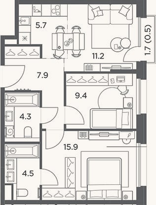 Планировка: 3-к, 58,9 м²