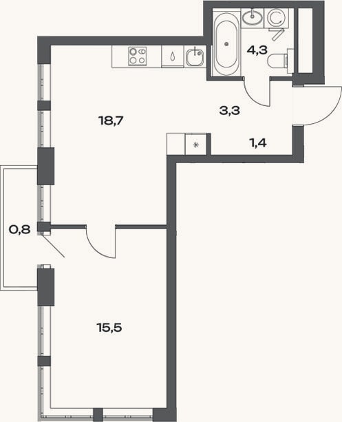Планировка: 2-к, 43,1 м²