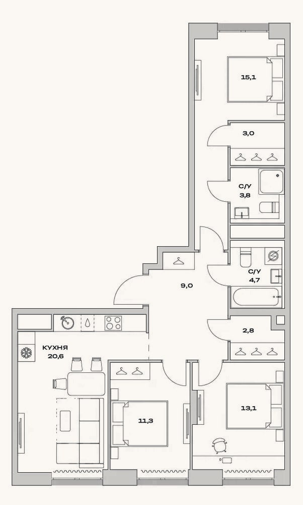 Планировка: 3-к, 83,4 м²