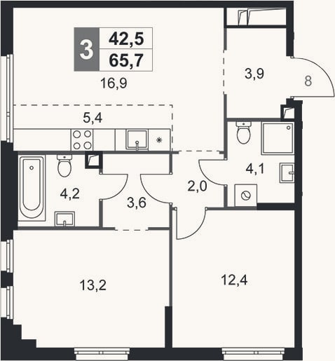 Планировка: 3-к, 65,7 м²