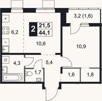 Планировка: 2-к, 42,5 м²