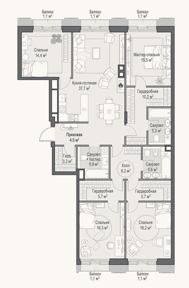 Планировка: 4+ к, 152,4 м²