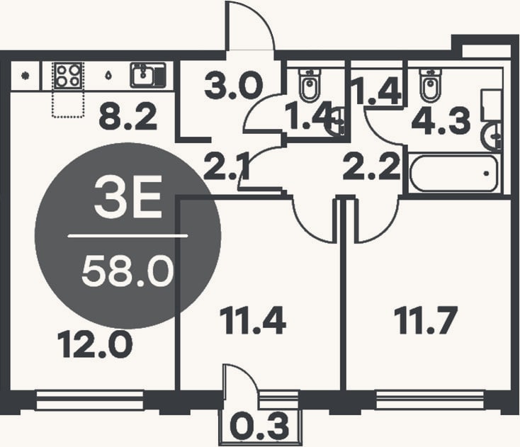 Планировка: 3-к, 57,7 м²