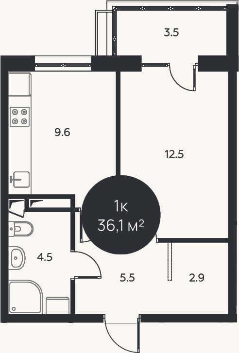 Планировка: 1-к, 35 м²