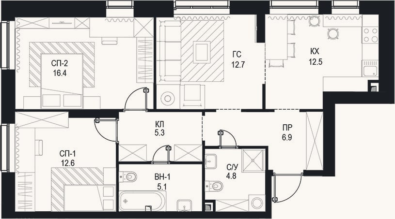 Планировка: 3-к, 76,3 м²