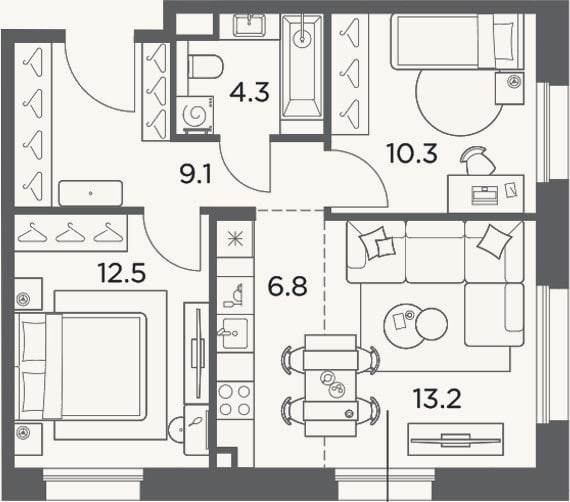 Планировка: 3-к, 56,2 м²