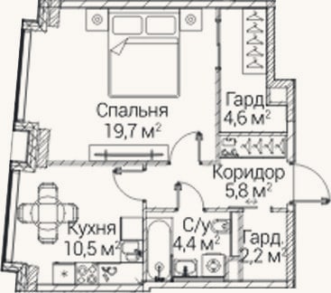 Планировка: 1-к, 47,2 м²
