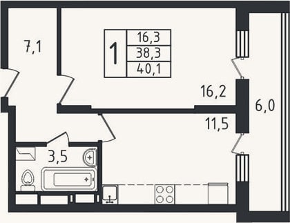 Планировка: 1-к, 36,4 м²