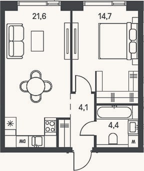Планировка: 2-к, 44,8 м²