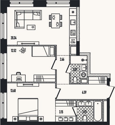 Планировка: 3-к, 65,9 м²