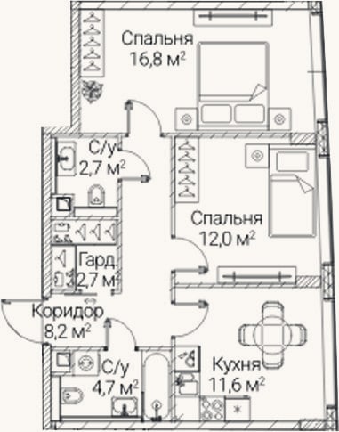Планировка: 2-к, 58,7 м²